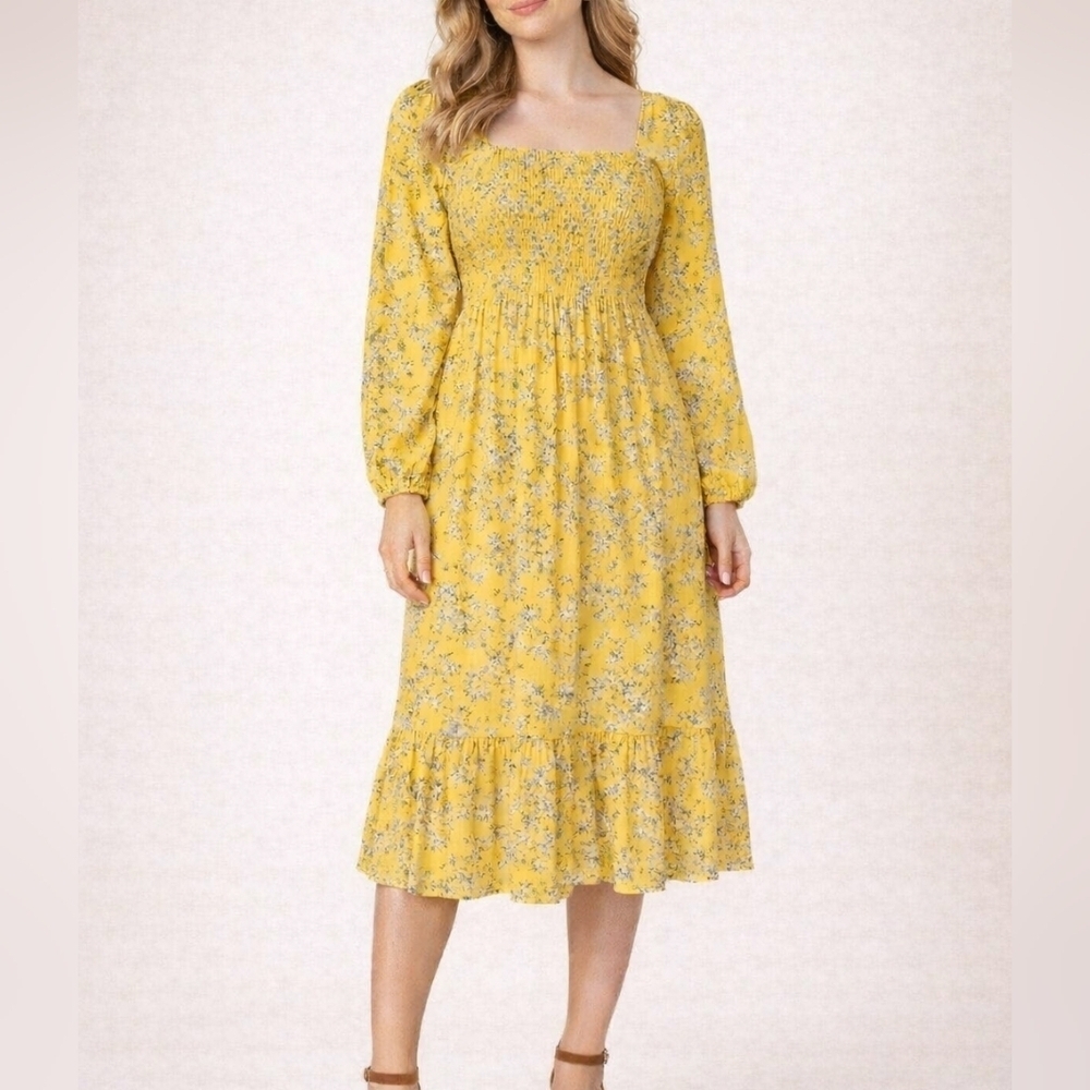 Draper JAMES Canary Yellow Floral Smock Prairie Coquette Linen Peasant Dress